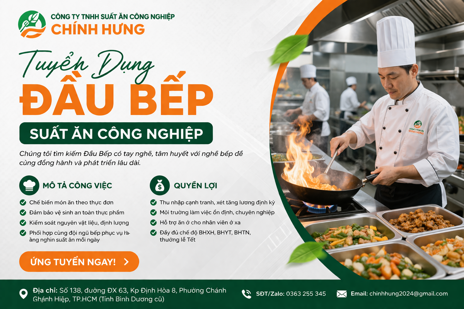 tuyển đầu bếp - suất ăn công nghiệp chính hưng