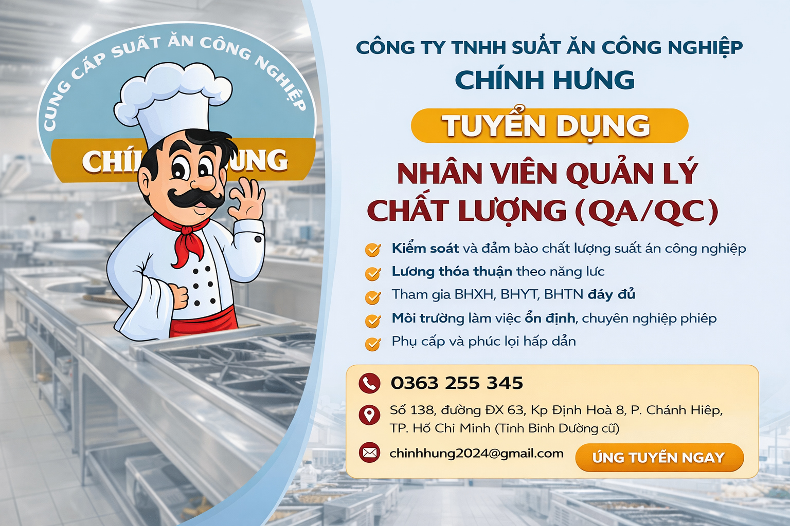 Nhân viên quản lý chất lượng- suất ăn công nghiệp
